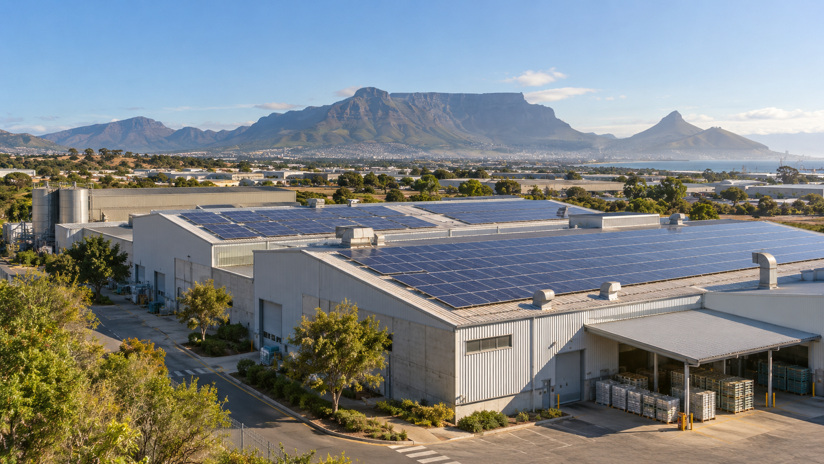Industrial rooftop solar installation in a Western Cape setting